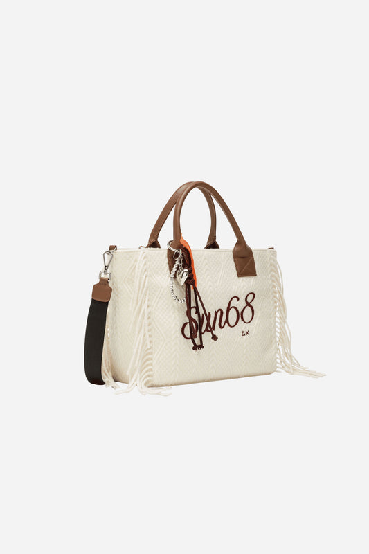 Shopping bag media in maglia con frange