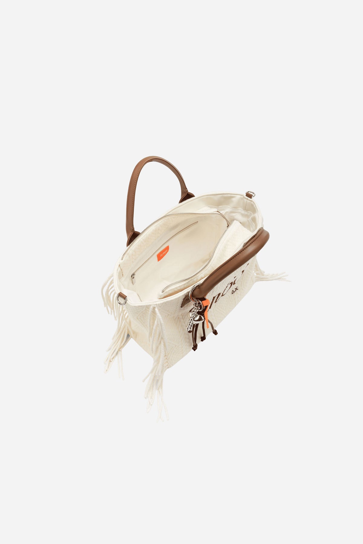 Shopping bag media in maglia con frange